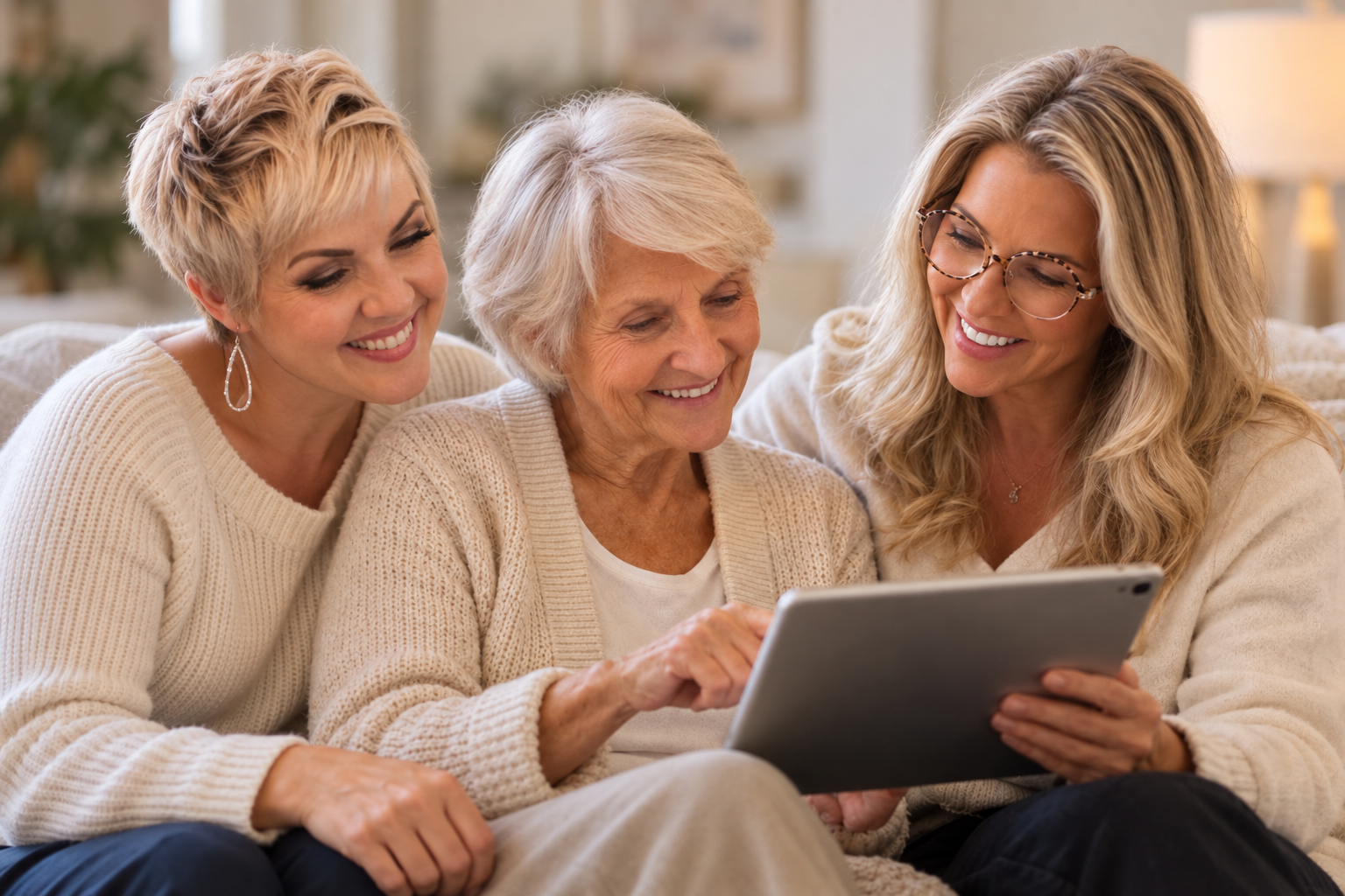 A mother and her two adult daughters looking at a tablet together